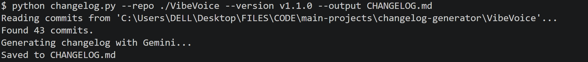 The python changelog script run in a terminal.
