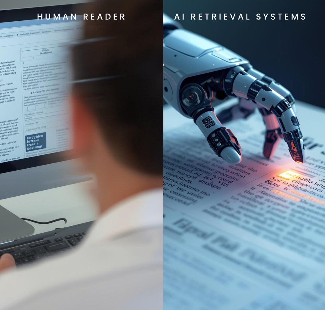 A side-by-side comparison of two reading styles. On the left, a human reads a document sequentially from the first paragraph to the last. On the right, a retrieval system skips directly to a single section that matches the search query, ignoring everything else on the page.