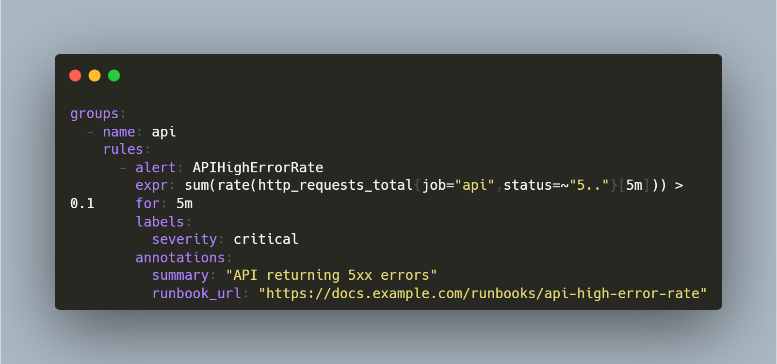 An example alert payload showing a runbook_url field.