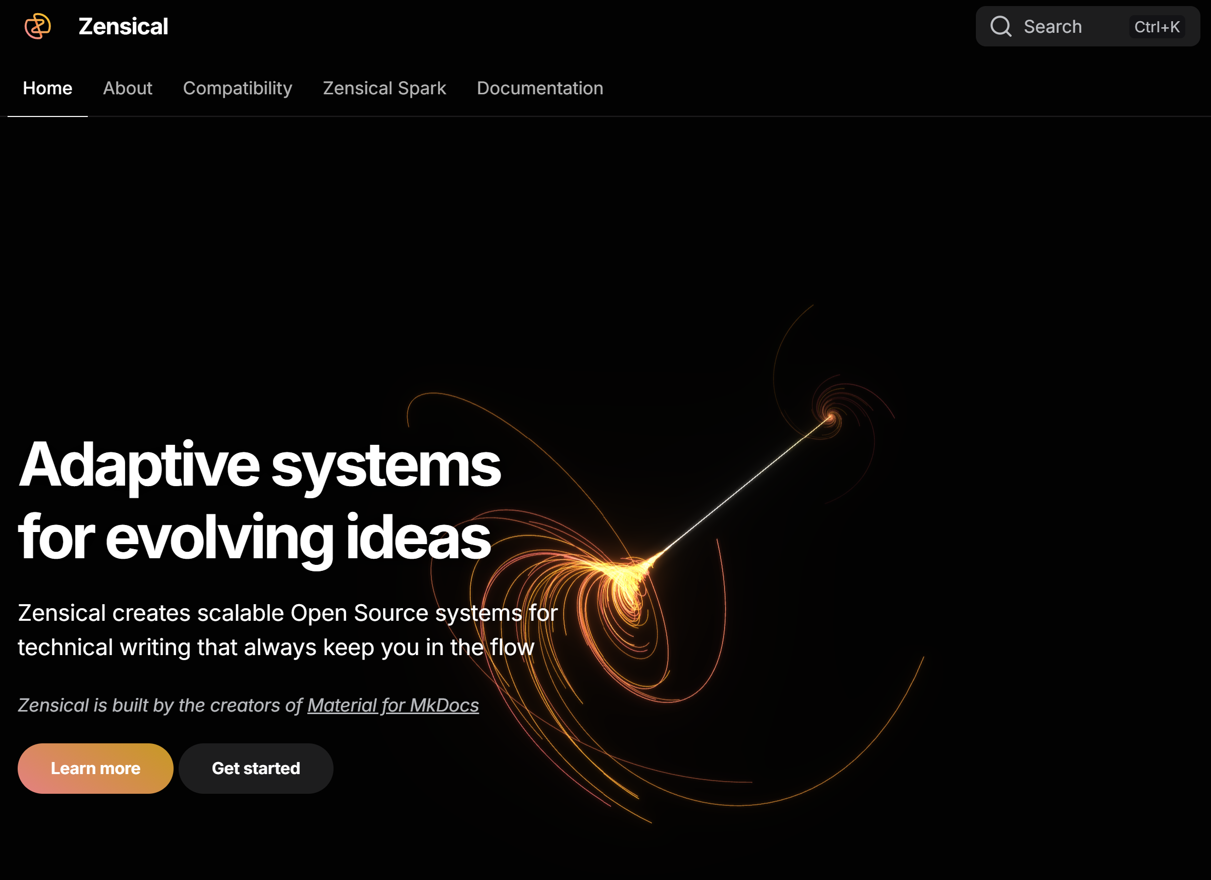 Zensical homepage displaying its documentation tooling features and navigation layout.